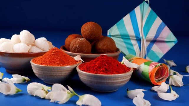 Festive elements for makar sankranti celebration featuring sweets, kite, and colors