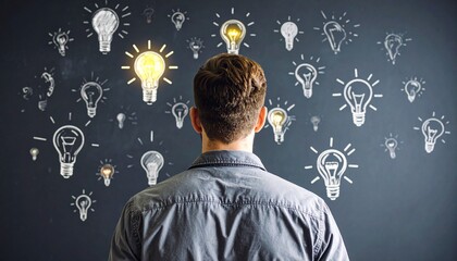 A man's back is seen examining lightbulbs on a blackboard. notion of original idea production and creative thinking. idea of brainstorming business solutions. innovative technology ideas for business