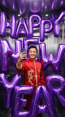 portrait of an adult Chinese man in traditional costume takes selfie in an elevator decorated with balloons made of letters wishing Happy New Year, vertical poster for celebrating the Lunar New Year