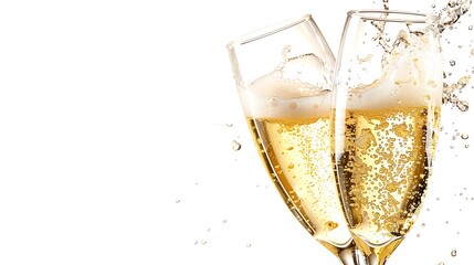 Champagne flutes clink together, creating festive splashes of sparkling golden liquid.