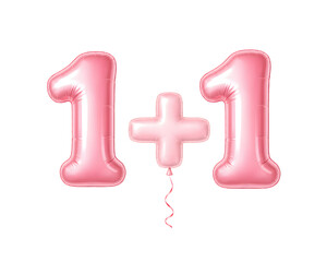 Naklejka premium Pink balloon one plus one love formula concept, romantic valentine 3d symbols isolated on transparent background