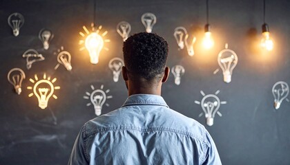 A man's back is seen examining lightbulbs on a blackboard. notion of original idea production and creative thinking. idea of brainstorming business solutions. innovative technology ideas for business