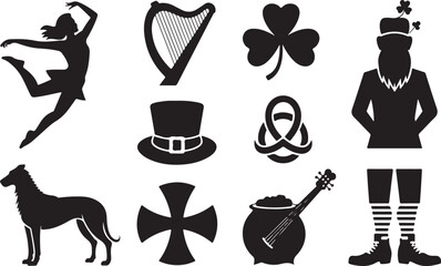 St Patricks Day Themed Silhouettes Including Dancer Harp Leprechaun Dog and Festive Items ballet