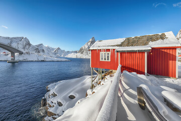 Winter view on Hamnoy village and bridge to Olenilsoya island.