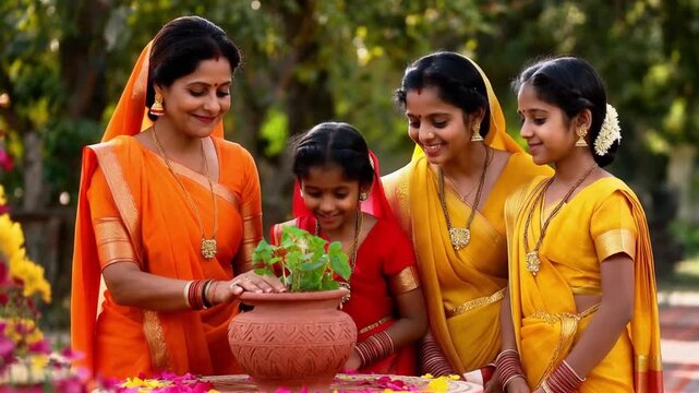 A group of indian women and girls performing a traditional ritual around a tulsi plant
