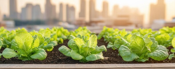 A lush rooftop garden with vibrant lettuce growing in rich soil, set against a backdrop of a city skyline during golden hour.