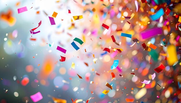 Multicolored confetti floating in festive blur - Powered by Adobe