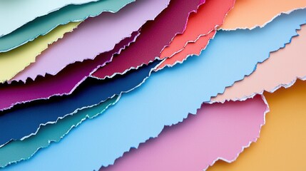 Layers of colorful torn paper creating an abstract background texture, showcasing diverse shades for design and creative concepts, forming a vibrant collage