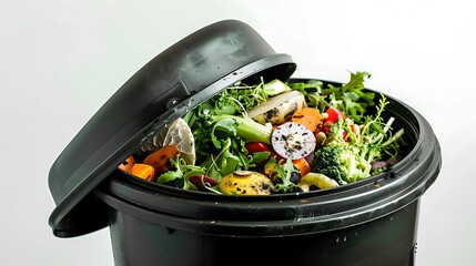 Black compost bin is filled with a colorful array of fresh organic kitchen waste and vegetable scraps.