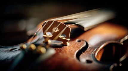 Violin bridge detail and strings with soft bokeh, elegant music background for ads, concert programs, or educational materials; versatile layout, easy to modify.