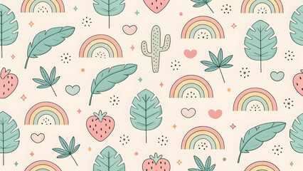 Boho Rainbow Cactus Strawberry Leaf Pattern, Seamless Kawaii Repeating Background