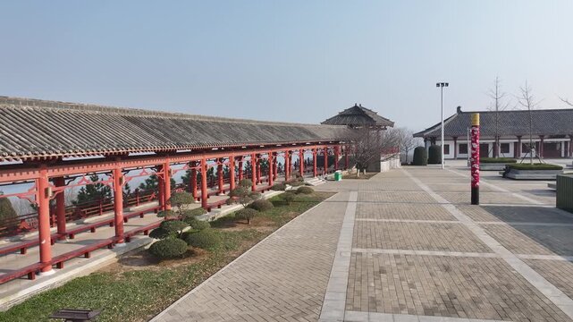 Sanmenxia Yellow River Park - Traditional Chinese Architecture and Red Pavilions