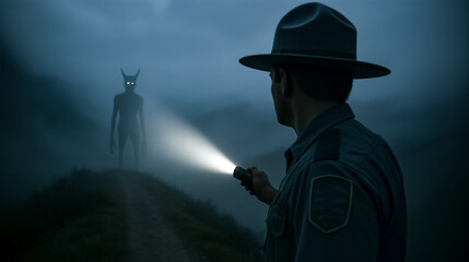 Ranger with flashlight facing tall unknown figure in dense fog at night