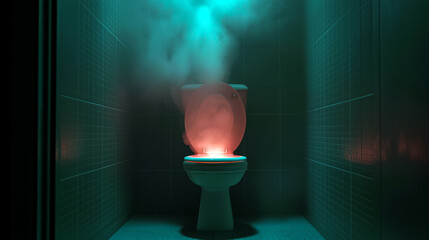 Surreal glowing toilet with red light and smoke in dark tiled bathroom. 