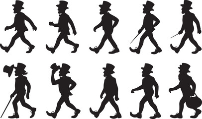 Ten Black Silhouette Figures of a Gentleman Walking and Holding Accessories on White vector illustration