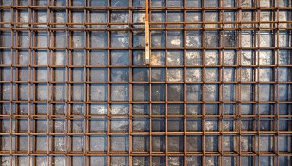 Rusted steel rebar grid over concrete surface in construction setting.