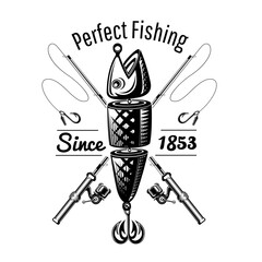 Spoon-bait With Crossed Fishing Rods. Monochrome Vector Illustration In Engraving Style On White.