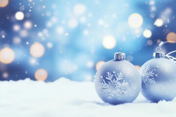 Two silver christmas ornaments with snowflakes resting on fresh snow with bokeh lights