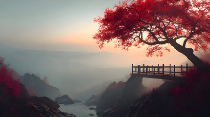 Lone Red Tree at Sunrise in Foggy Valley