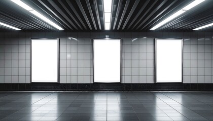 Modern subway platform with tiled wall and vertical light panels.