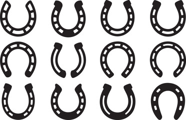 Twelve black horseshoe icons and symbols in different styles and orientations luck fortune