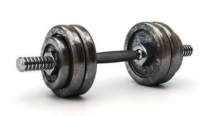 Heavily textured, dark metal adjustable dumbbell shows signs of wear and use on white.