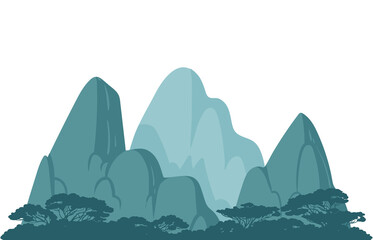 Stylized mountain landscape illustration with teal rock formations and forest silhouettes. Flat vector design isolated on white background, ideal for nature themes, travel visuals, environment graphic © Srikanth_K