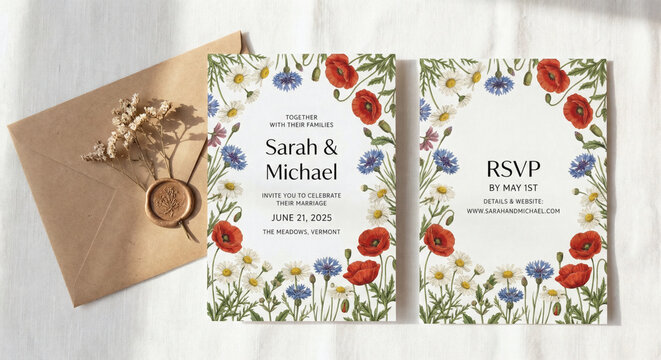 Rustic wedding invitation suite with hand-painted watercolor poppies, daisies, and cornflowers. Elegant stationery mockup on white linen with a kraft envelope and botanical wax seal stamp.