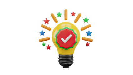 Lightbulb with Checkmark and Stars, Symbolizing Idea and Success
