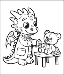 Fototapeta premium Cute doctor dragon checking a patient in hospital hand-drawn bold line art illustration for children coloring pages