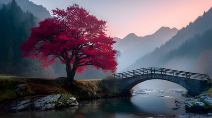 Red Autumn Tree Near Bridge in Misty Mountain Landscape