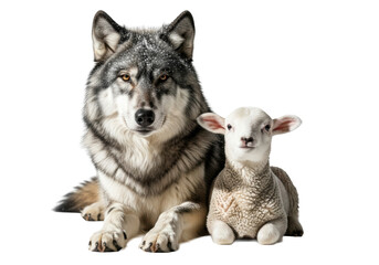Fototapeta premium A powerful gray wolf with snowflakes in its fur sits calmly beside a gentle white lamb on a transparent background. Juxtaposition of power and innocence