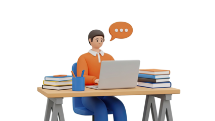 3D Character Studying at a Desk with Laptop and Books