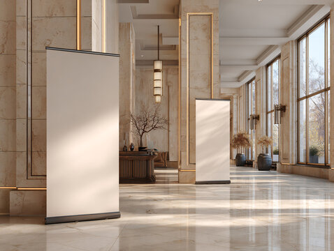 Pull up banner mockup stands in the lobby. Blank roll up poster stands in elegant hallway interior