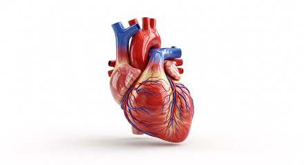 A realistic anatomical model of the human heart, displaying detailed cardiovascular structures and major blood vessels