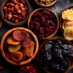 Assorted Dried Fruits in Rustic Wooden Bowls