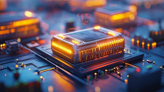 Glowing futuristic microchip circuit board technology delivers peak energy and reliability