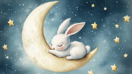 A serene scene of a sleepy bunny surrounded by stars.