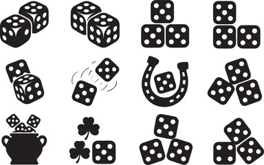 Twelve black silhouette icons of dice, a horseshoe, and a pot of gold gambling game