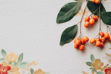 Autumn Berries and Leaves with Decorative Floral Border on Textured Paper