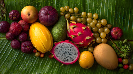 Colorful Tropical Fruits and Fresh Produce Background