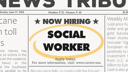 Social worker - job offer. Newspaper classified ad career opportunity. Hiring new employees.