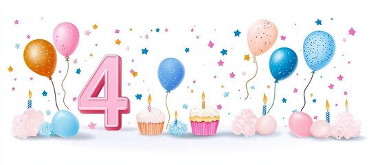 Joyful Fourth Year Celebration Colorful Balloons, Delicious Cupcakes, and Festive Decorations