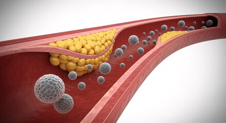 Anatomical artery showing severe plaque buildup with circulating particles, illustrating cardiovascular health issues