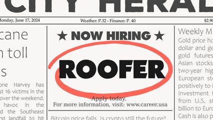 Roofer - job offer. Newspaper classified ad career opportunity. Hiring new employees.