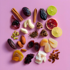 olorful Dried Fruits and Nuts Flat Lay