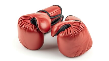 Two plush, bright red boxing gloves with thick padding are positioned closely together on a white.