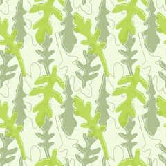 Pattern leaves Arugula silhouettes and contour, leafy vegetables. Microgreen. On light background. Vector illustration
