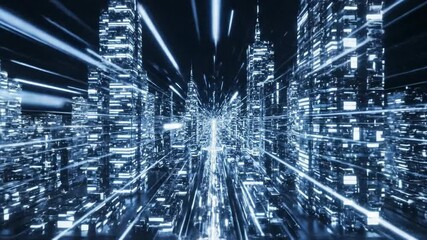 Futuristic cityscape with blue light trails