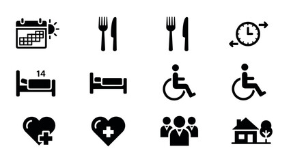 Essential healthcare and accessibility icons in silhouette style